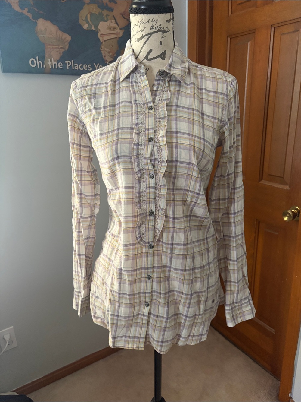 Eddie Bauer Cream Plaid Button-Down Shirt with Purple & Yellow Accents
